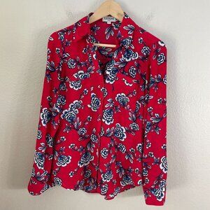 Express Portofino Shirt Womens Small Slim Fit Red Floral Button Up Blouse Top
